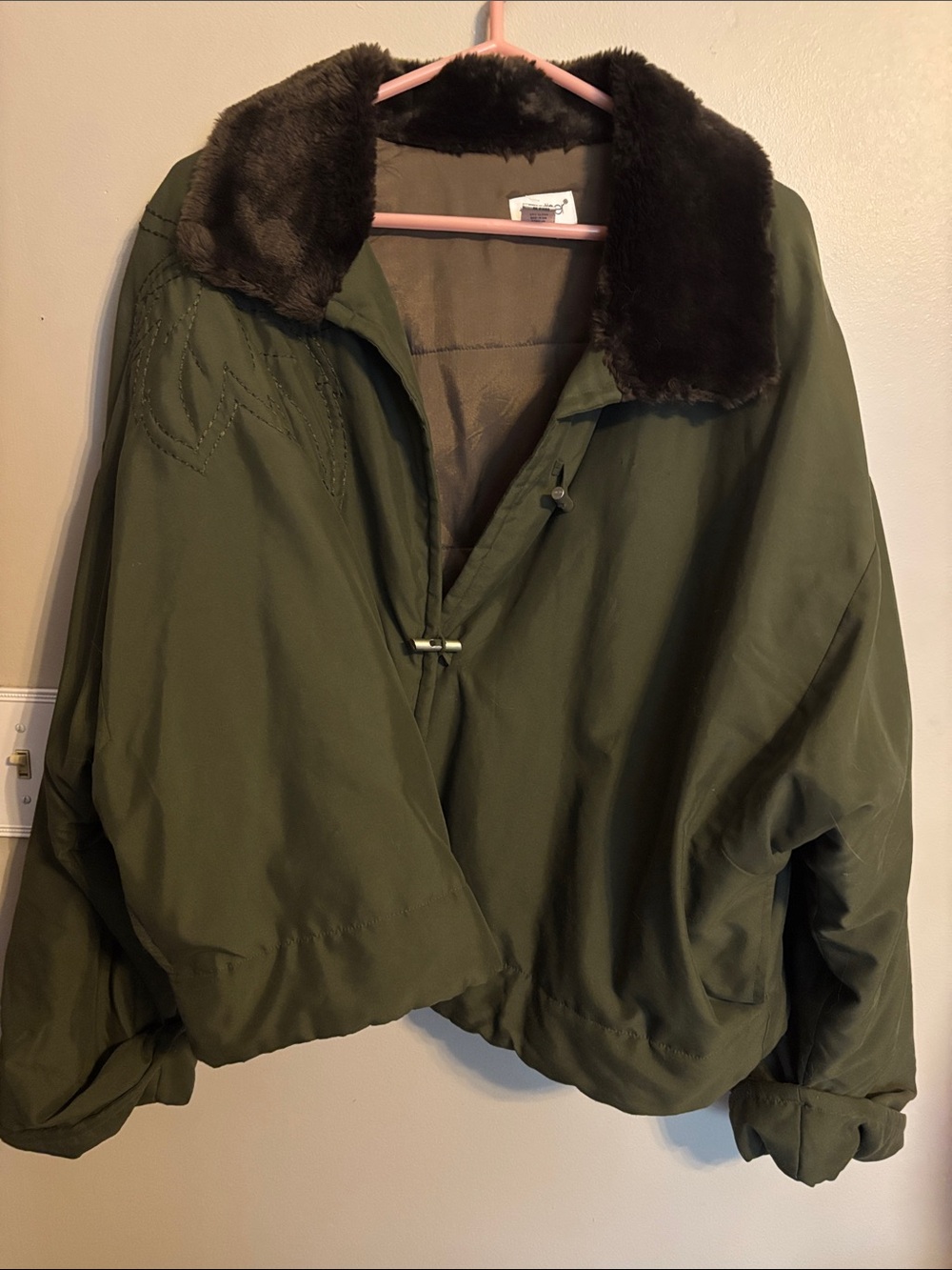 Together Olive Green Bomber Jacket with Dark Brown Faux Fur Collar
